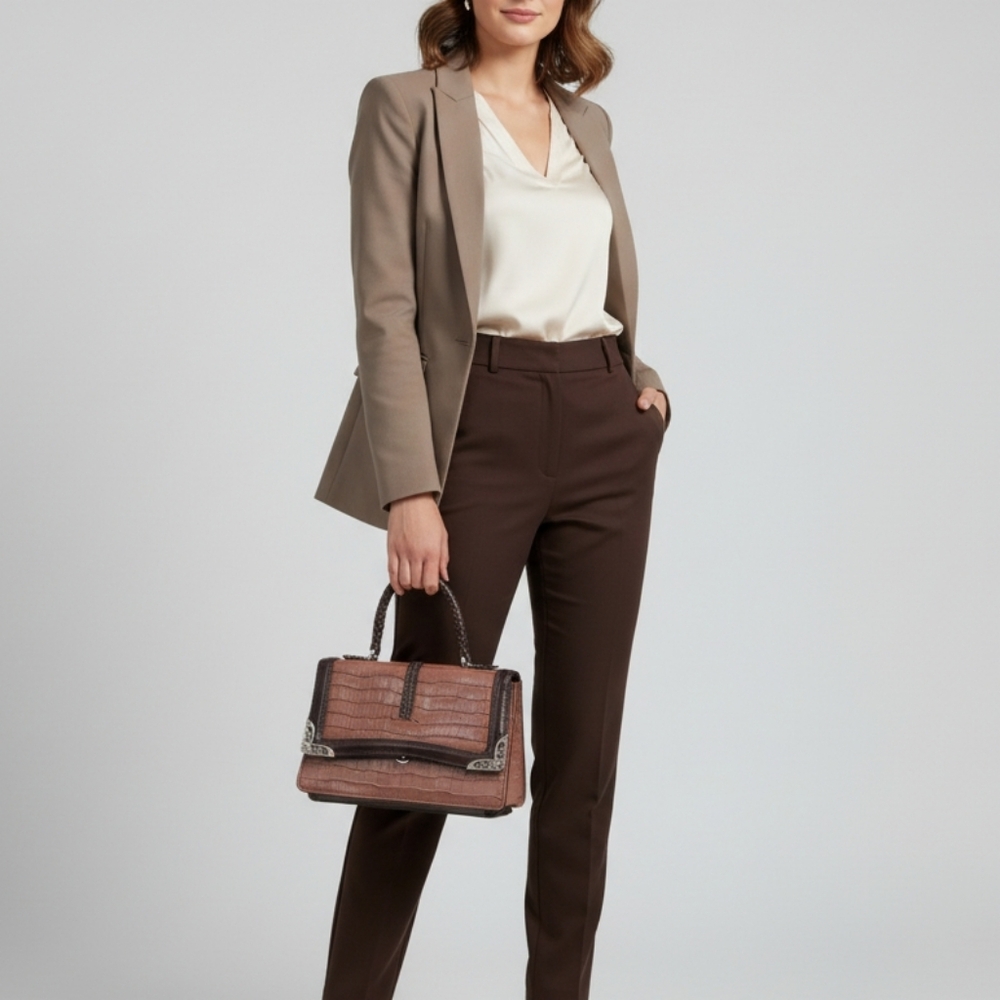 Langdon Leather Brown and Black Leather Purse with silver embellishment
